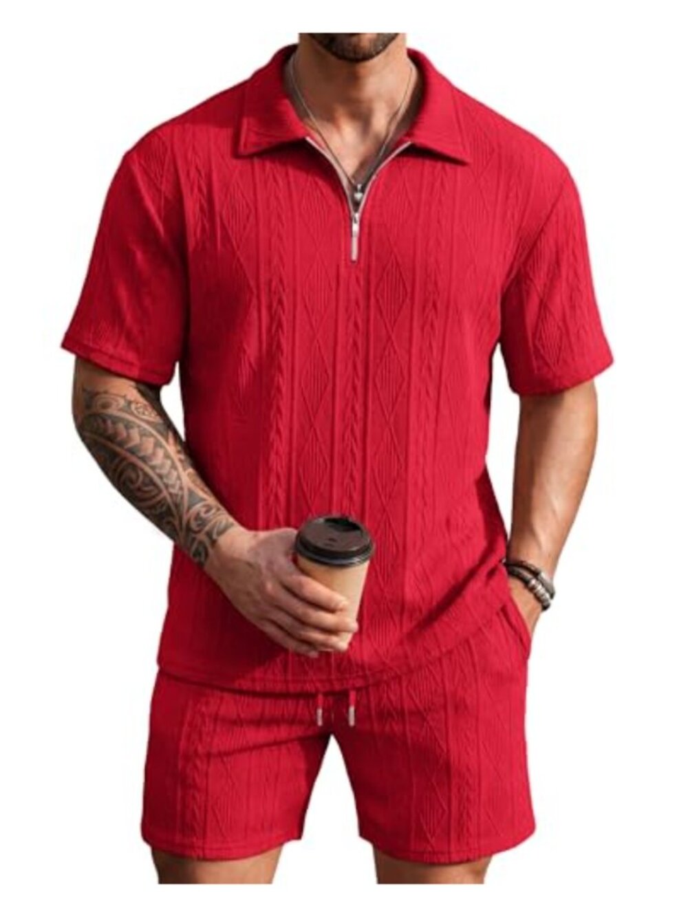 Men's 2 Piece Set Quarter Zip Polo Shirt and Shorts Summer Vacation Outfit